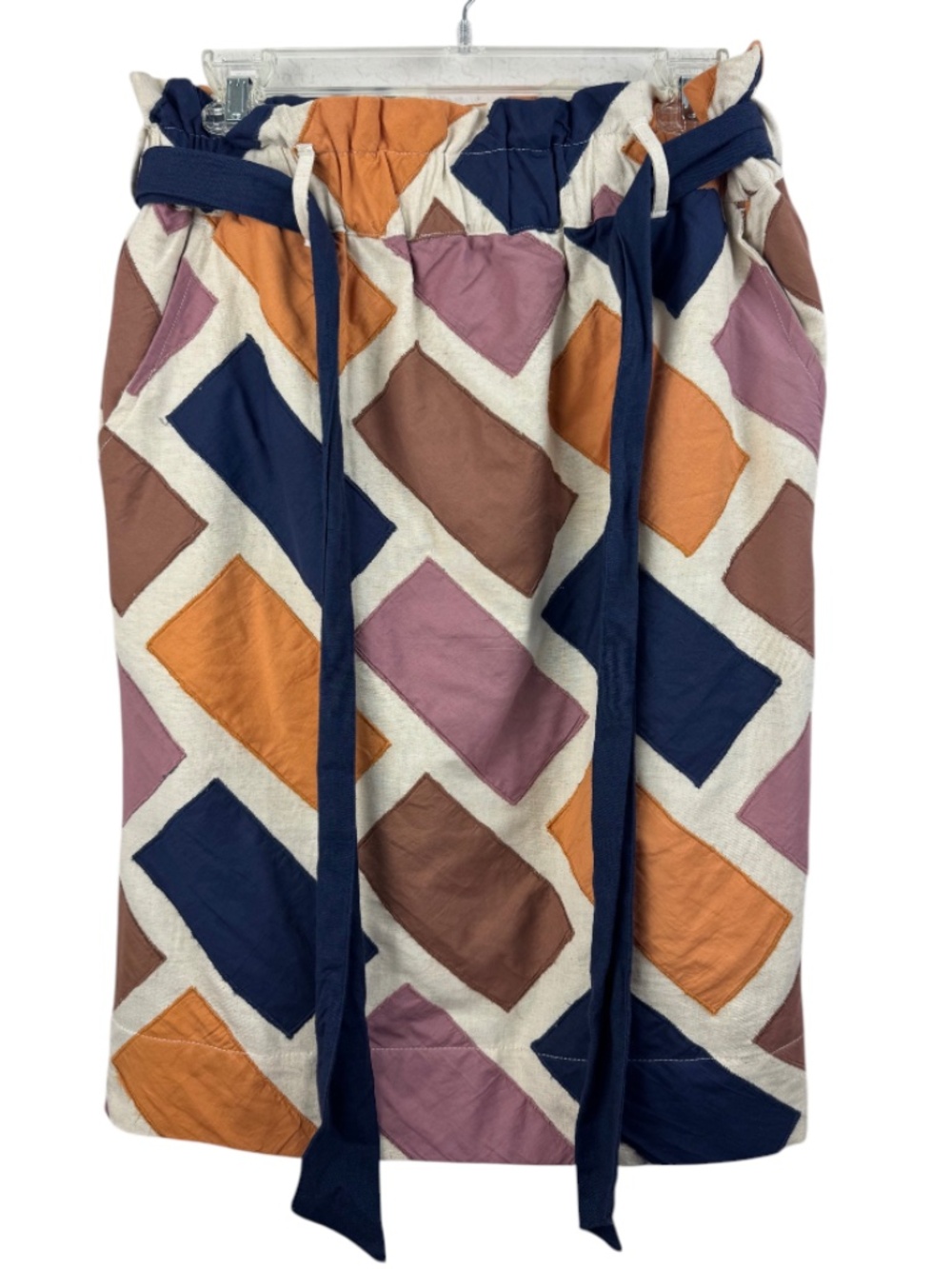 The Odells Abstract Geometric Patchwork Paperbag Waist Tie Belt Midi Skirt